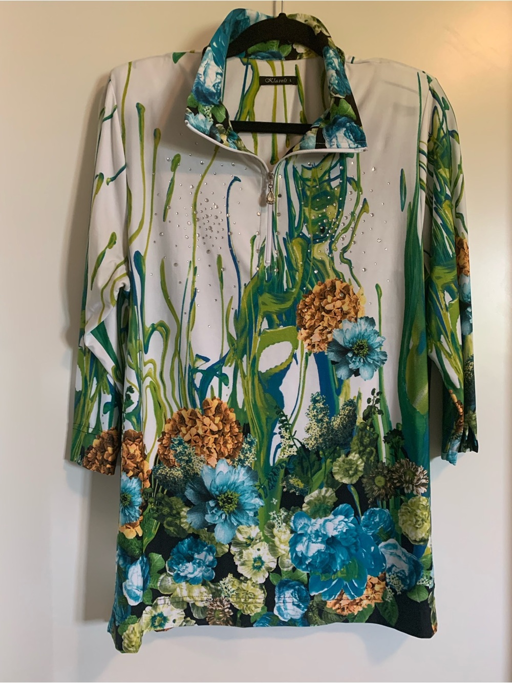 Oleg Cassini Blue, Green & Brown Floral Zip-Neck Tunic